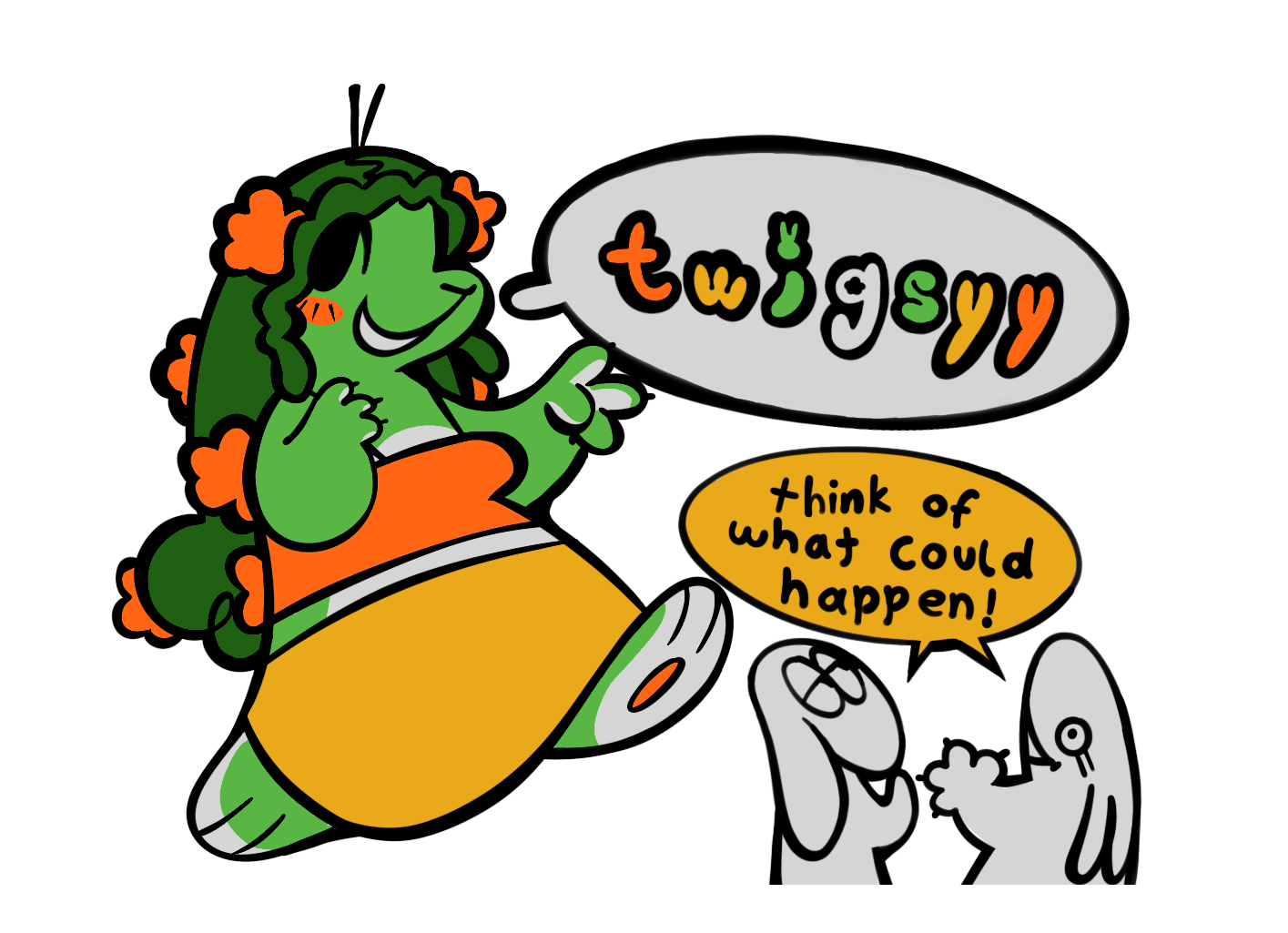 natalie's fursona walking along with a speech bubble saying "twigsyy". Two rabbits sit to the side of her; the left has half closed eyes and a paw at its nose while the right is grinning with a paw spread. Both rabbits say "think of what could happen!"